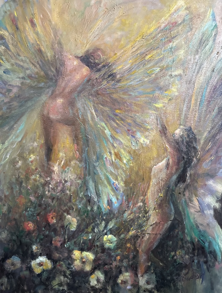 Fairies at the Bottom of the Garden — original oil painting by Carol D'Arcy. 51×61cm. © Carol D'Arcy.