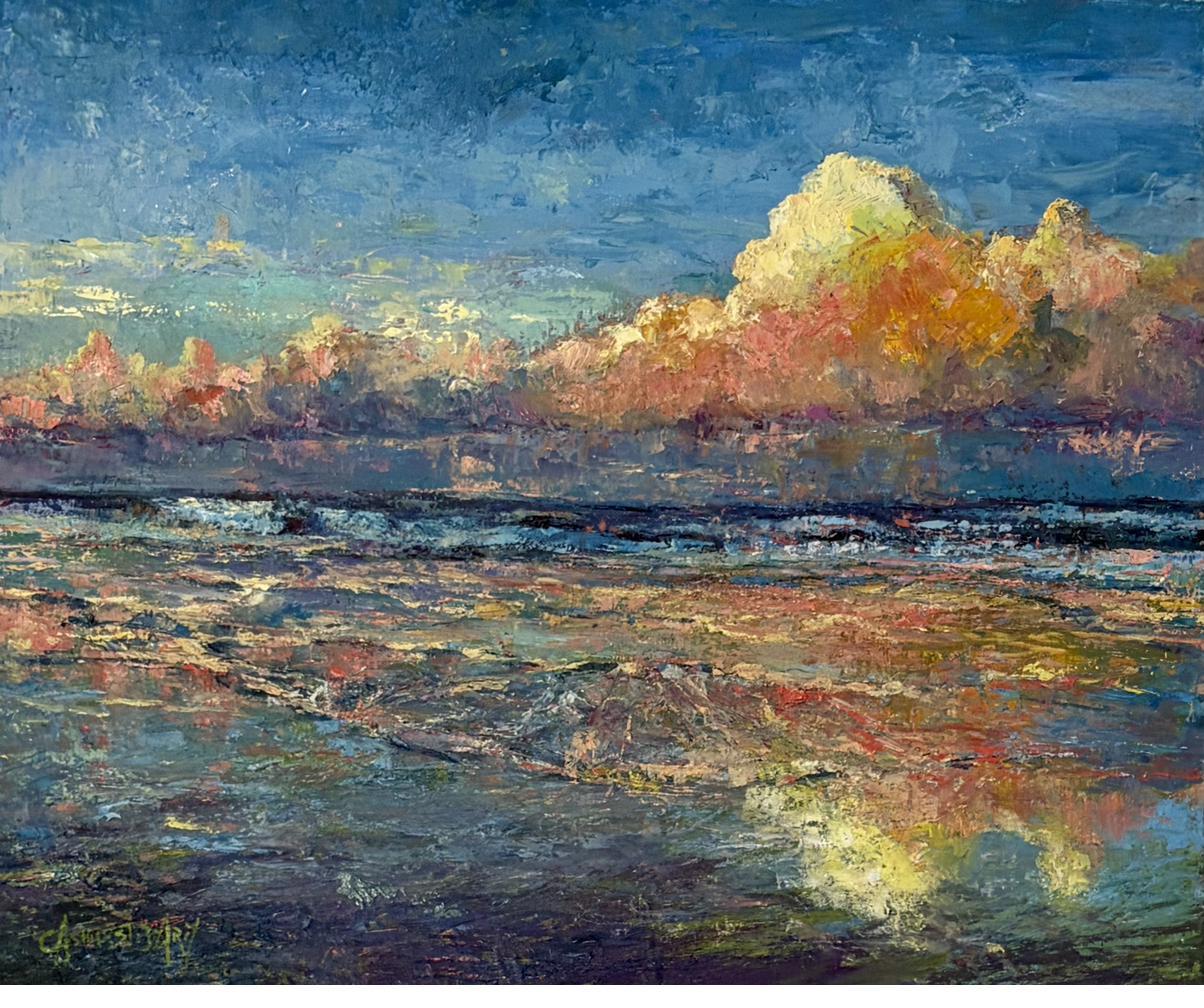 Sunset at Burleigh Beach — original oil painting by Carol D'Arcy, in a private collector's home