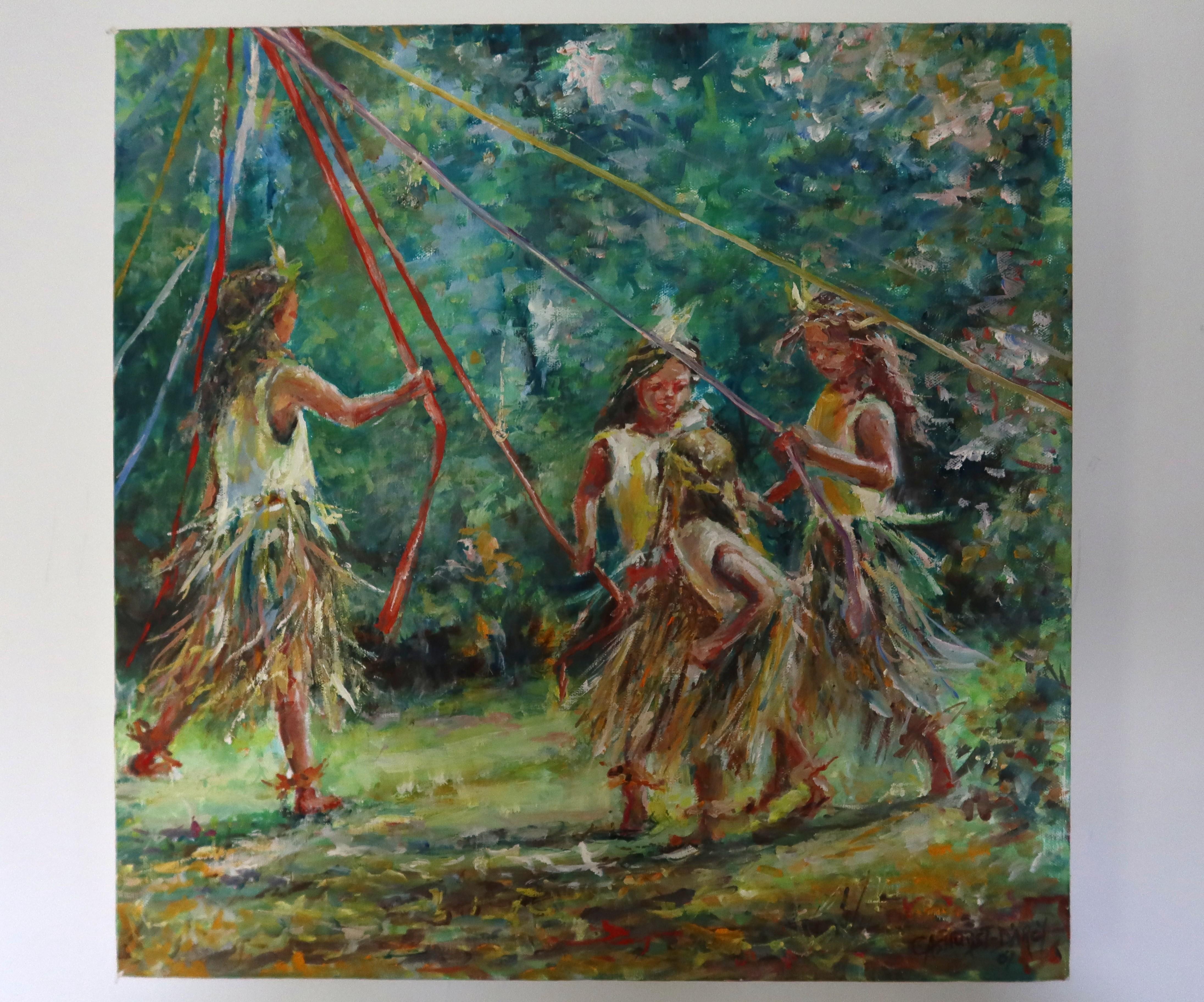 The Maypole — original oil painting by Carol D'Arcy, oil on canvas, approx 30x30cm