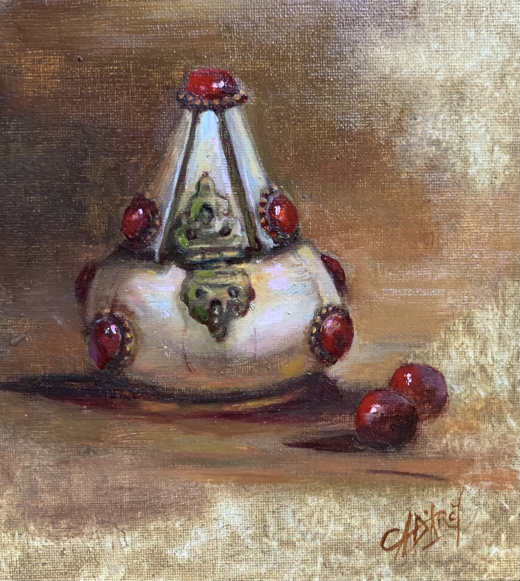 The Secret Keeper — original oil painting on canvas by Carol D'Arcy. 20×20cm. For sale $300 AUD. © Carol D'Arcy.