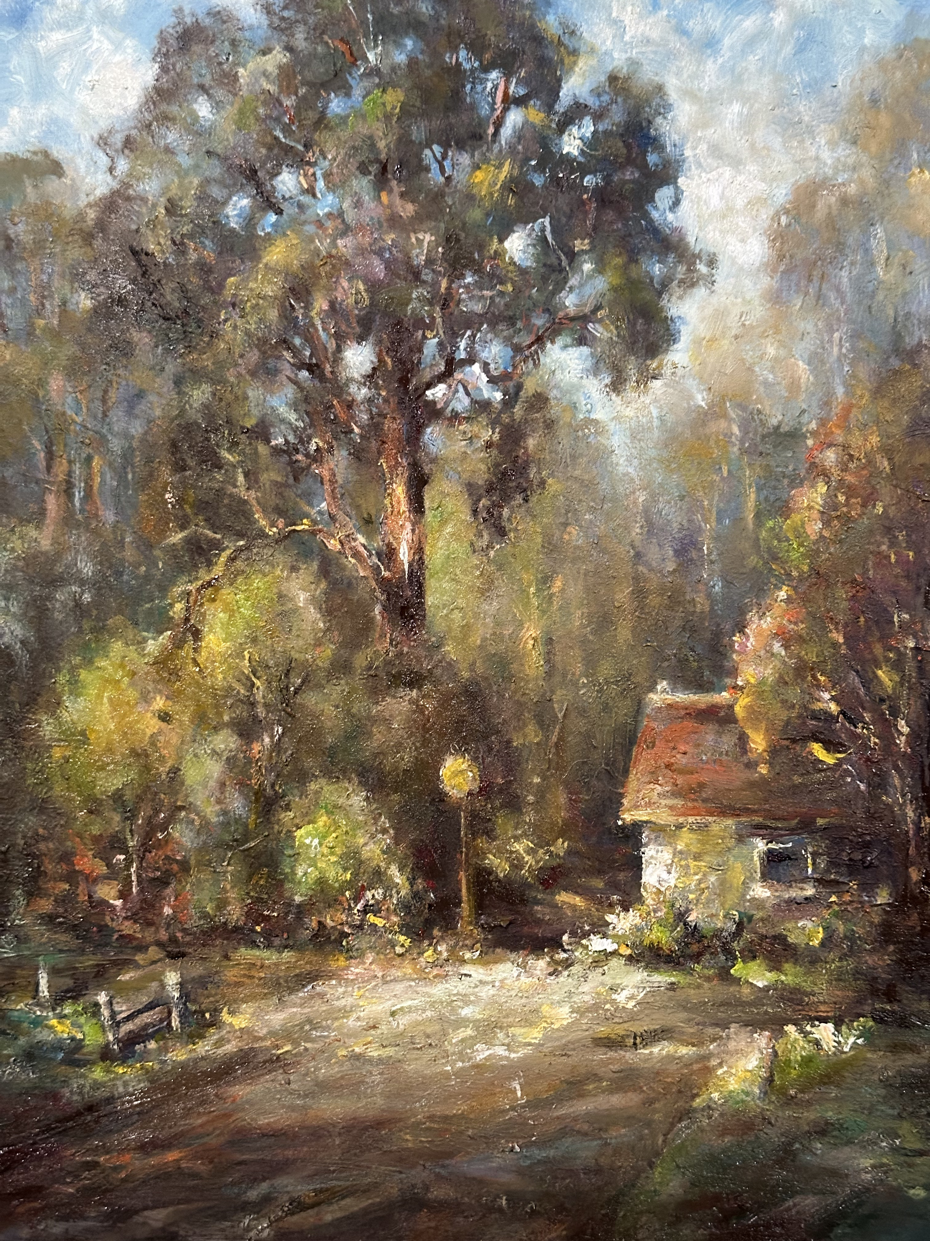 Where She Holds the Knowledge — original oil painting on board by Carol D'Arcy. Impasto. 28×35.5cm. For sale $720 AUD. © Carol D'Arcy.
